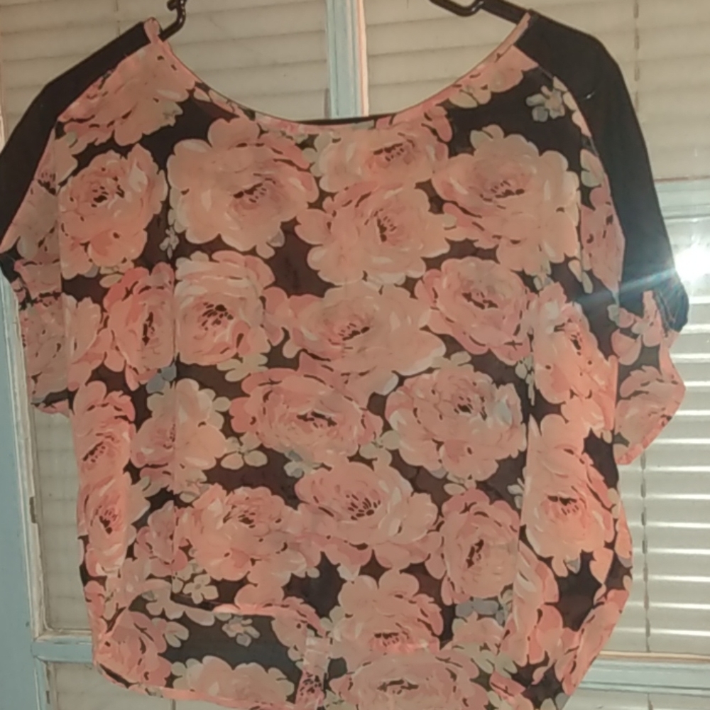 Forever 21 Peach Floral & Black Sheer Top